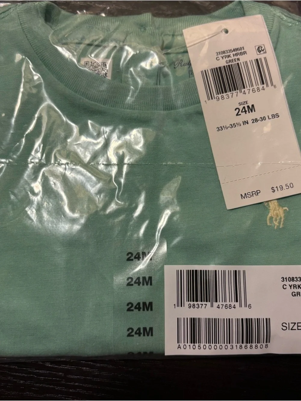NWT Ralph Lauren Girls' Mint Green Short Sleeve Polo Logo Tee size 24M